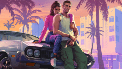 A man and woman sit on a car hood with a city skyline and palm trees in the background.