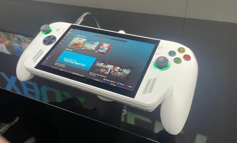 ROG Ally handheld gaming console displaying game options.