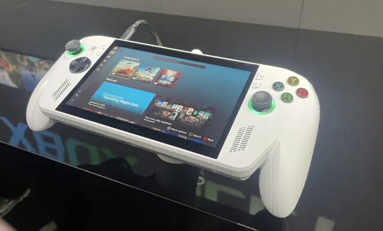 ROG Ally handheld gaming console displaying game options.