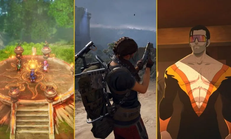 Collage of three video game scenes: fantasy characters on a platform, a woman aiming a gun, and a stylized male character.