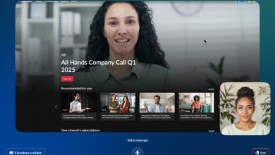Woman speaking at a live company call, with recommended videos and a participant window.