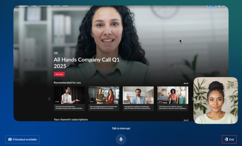 Woman speaking at a live company call, with recommended videos and a participant window.
