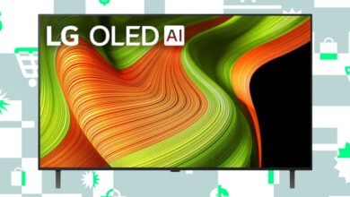 LG OLED AI TV with vibrant abstract screen display and shopping icons.