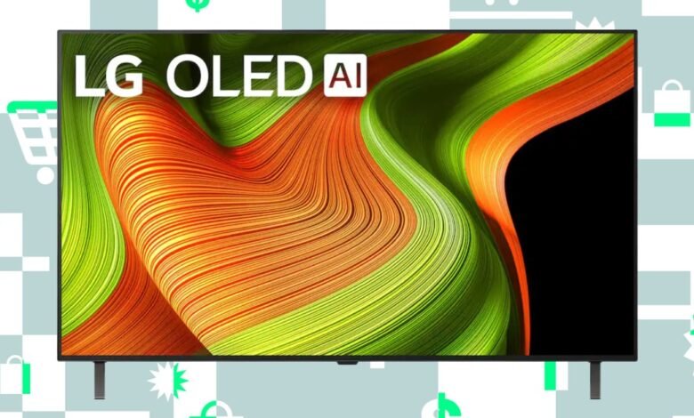 LG OLED AI TV with vibrant abstract screen display and shopping icons.