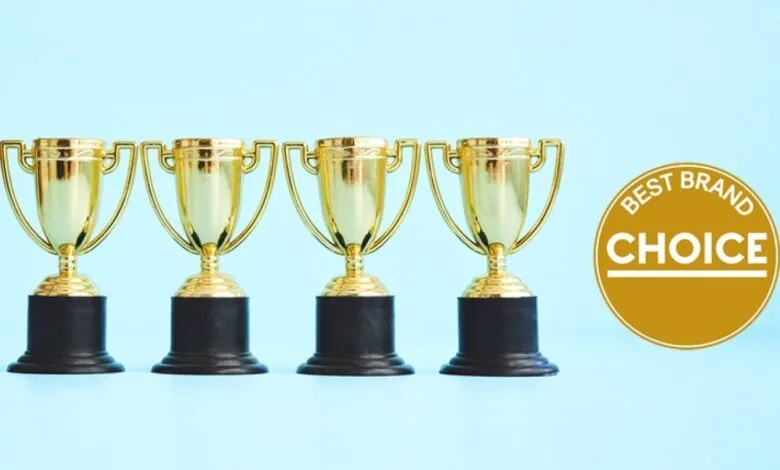 Four golden trophies lined up with a 'Best Brand Choice' award badge.