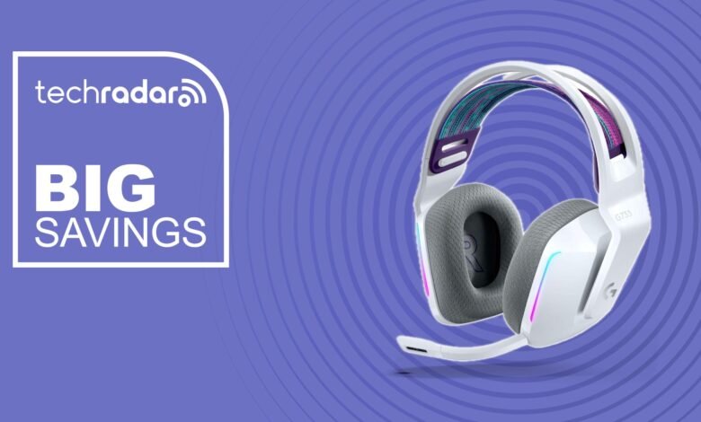 White Logitech G733 gaming headset on a purple background with 'Big Savings' text.
