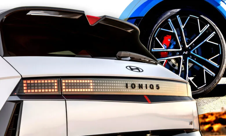 Close-up of the rear of a white Hyundai Ioniq 5 electric car and its sporty wheel.