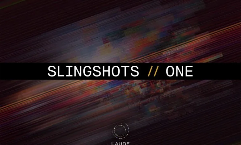 Abstract background with diagonal lines and colorful digital glitch effect, featuring text 'SLINGSHOTS // ONE' and 'LAUDE INSTITUTE' logo.
