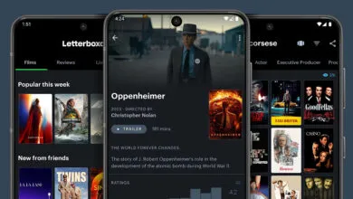 Three smartphone screens displaying the Letterboxd app interface with movie posters.