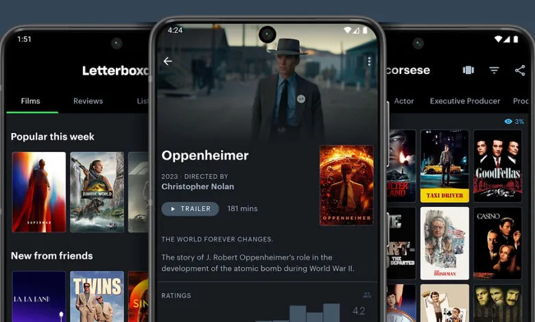 Three smartphone screens displaying the Letterboxd app interface with movie posters.