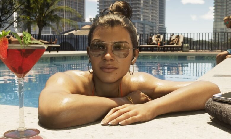 Woman in sunglasses relaxing in a swimming pool with a cocktail and smartphone nearby.