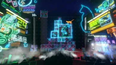 A neon-lit cityscape with a puzzle game in the foreground featuring glowing blocks and a cat.