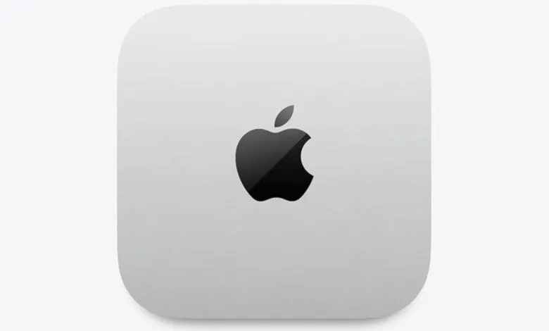 Apple Mac Mini with the Apple logo centered on a white square.