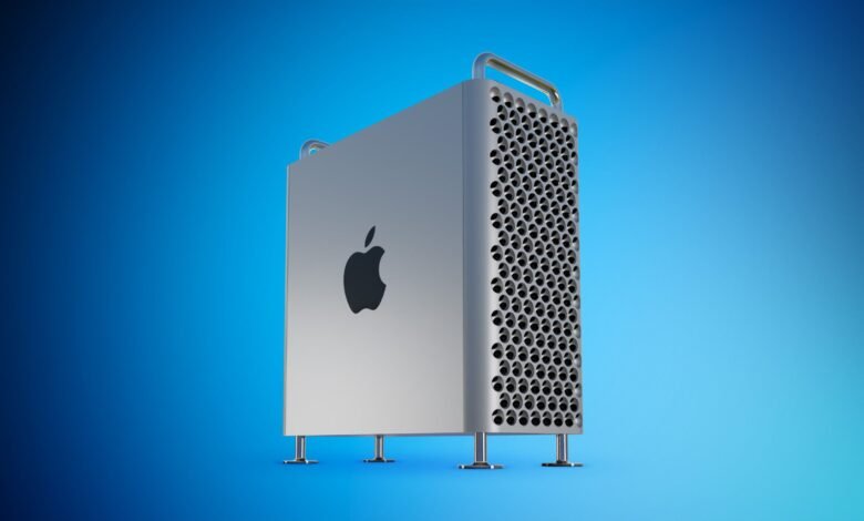 Silver Apple Mac Pro computer with a black Apple logo against a blue gradient background.