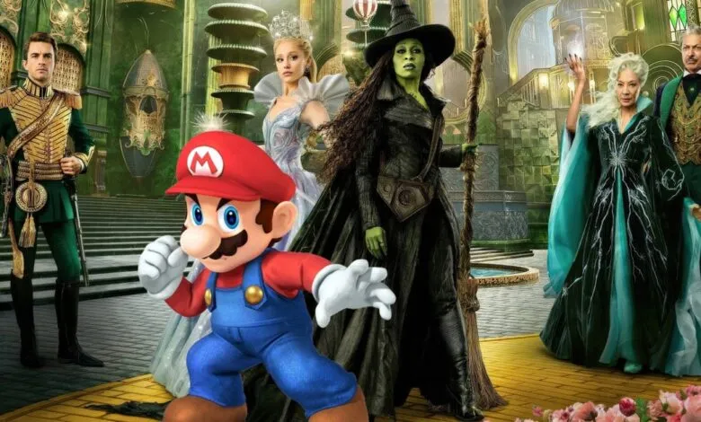 Mario character stands in front of the cast of Wicked, including the Wizard and witches.