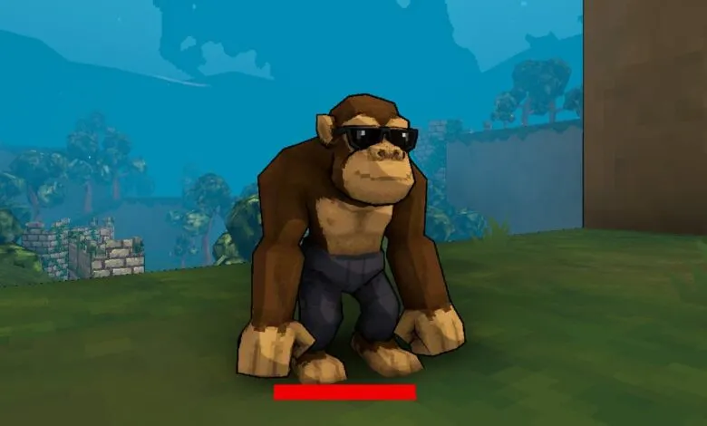 Stylized cartoon ape wearing sunglasses and dark pants, standing in a pixelated landscape.