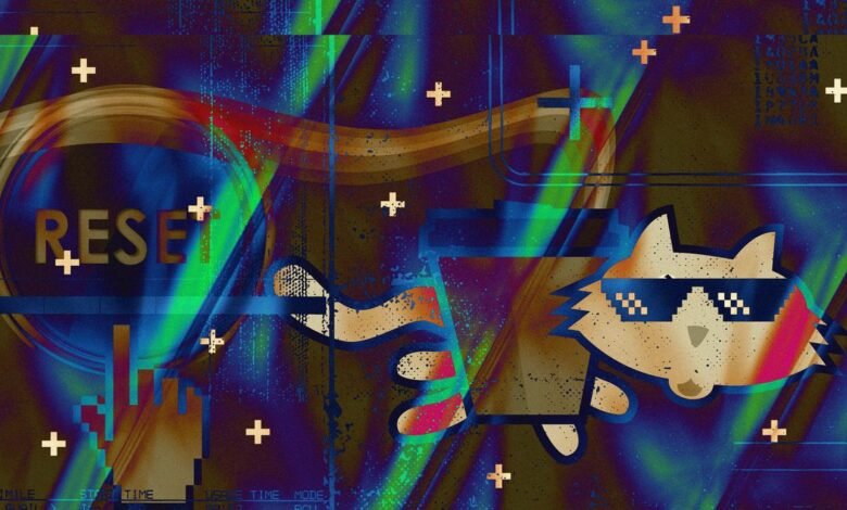 Stylized cat wearing pixelated sunglasses with the word RESET in the background.