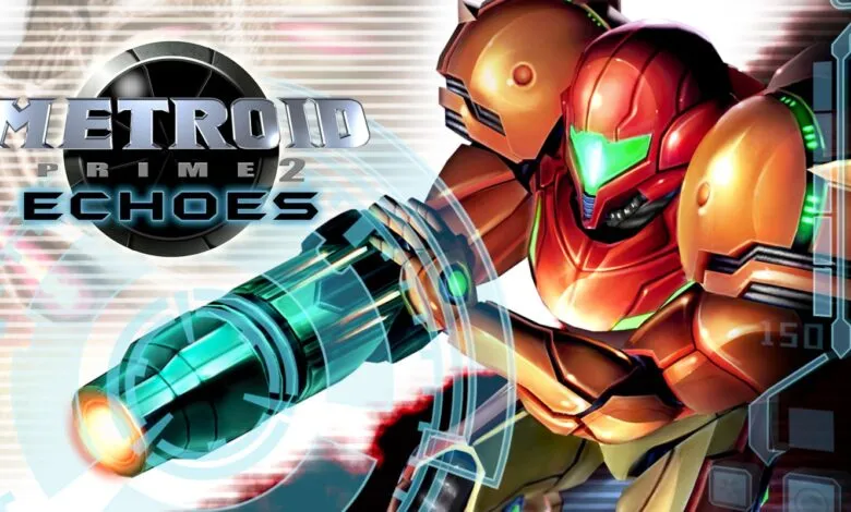 Samus Aran in her Power Suit, holding a weapon, with the Metroid Prime 2: Echoes logo.