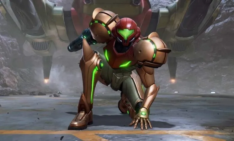 Samus Aran in her Varia Suit crouches on a rocky, industrial platform.