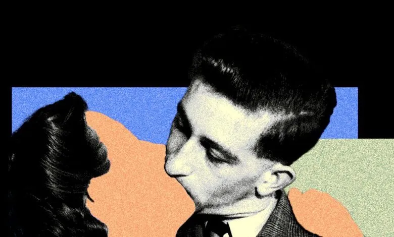 Collage of a man and a cat in profile, with abstract colored shapes.