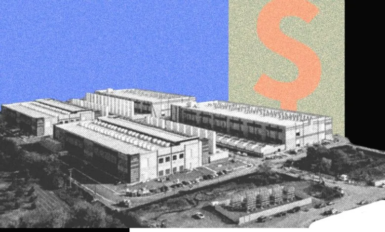 Aerial view of a large industrial complex with a dollar sign overlay.