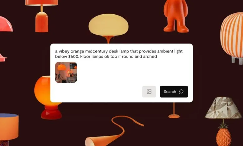 Orange mid-century lamps displayed with a search box for a desk lamp.