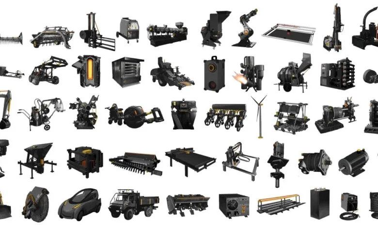 Collection of various industrial machines and equipment on a white background.