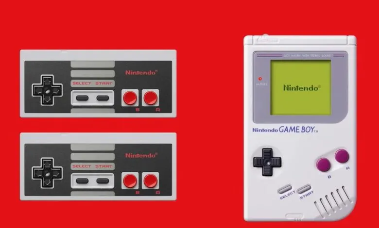 Two NES controllers and a Game Boy on a red background.
