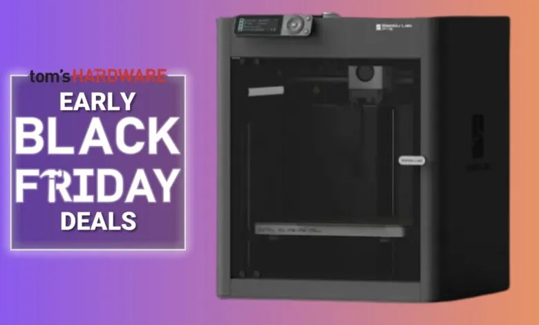 A black 3D printer is shown next to text announcing early Black Friday deals from Tom's Hardware.