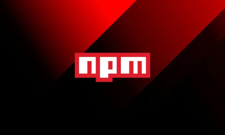 NPM logo in red and white on a dark gradient background.