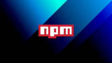 The NPM logo in white text within a red box against a dark blue and black gradient background.
