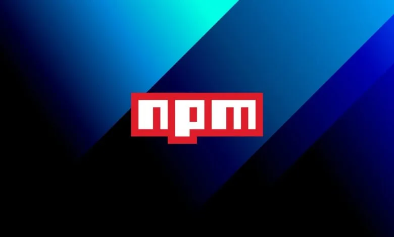 The NPM logo in white text within a red box against a dark blue and black gradient background.