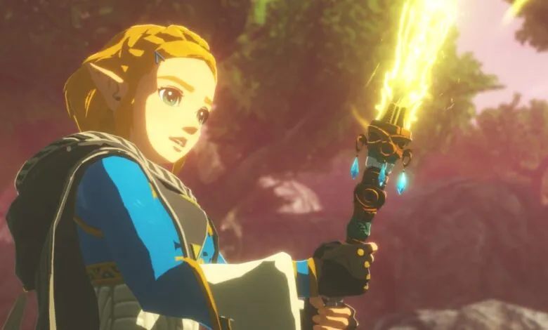 Princess Zelda holding a glowing magical staff in a forest setting.
