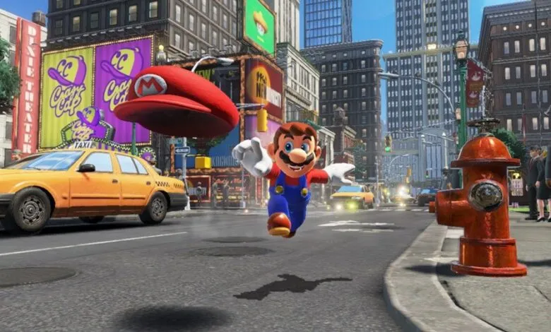 Mario leaps through a bustling city with his iconic red hat floating nearby.