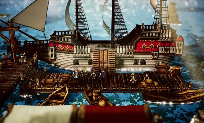 Octopath Traveler II characters stand on a dock before a large ship.