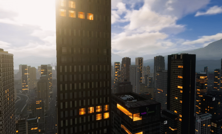 Aerial view of a sprawling city skyline at sunset with illuminated skyscrapers and distant mountains.