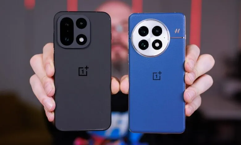 Two OnePlus smartphones, one black and one blue, held up for comparison.