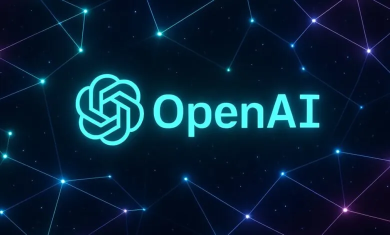 OpenAI logo and text on a dark background with connected dots.