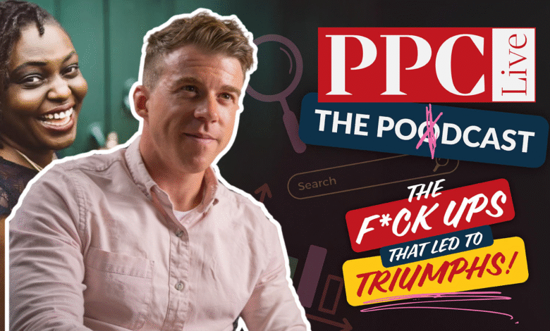 Two people smiling, with podcast title graphics overlayed.