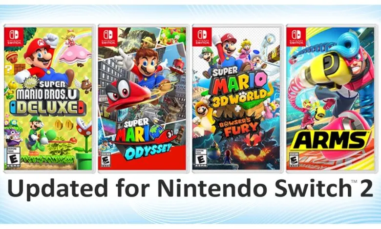 Four Nintendo Switch game covers: Mario, Odyssey, 3D World, and ARMS.