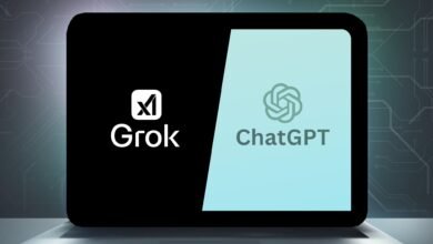 Comparison of Grok and ChatGPT logos on a split screen.