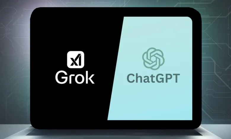 Comparison of Grok and ChatGPT logos on a split screen.