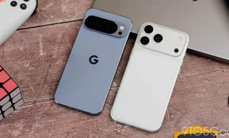 Google Pixel and iPhone concept phones with unique camera designs on wooden surface.
