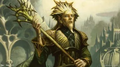 An elf-like figure with a pointed beard and spiky crown holds a thorny staff.