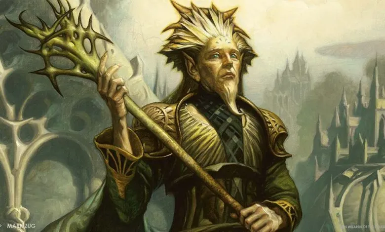 An elf-like figure with a pointed beard and spiky crown holds a thorny staff.