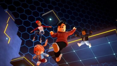 Four Roblox avatars jumping in a futuristic, hexagonal-patterned environment.