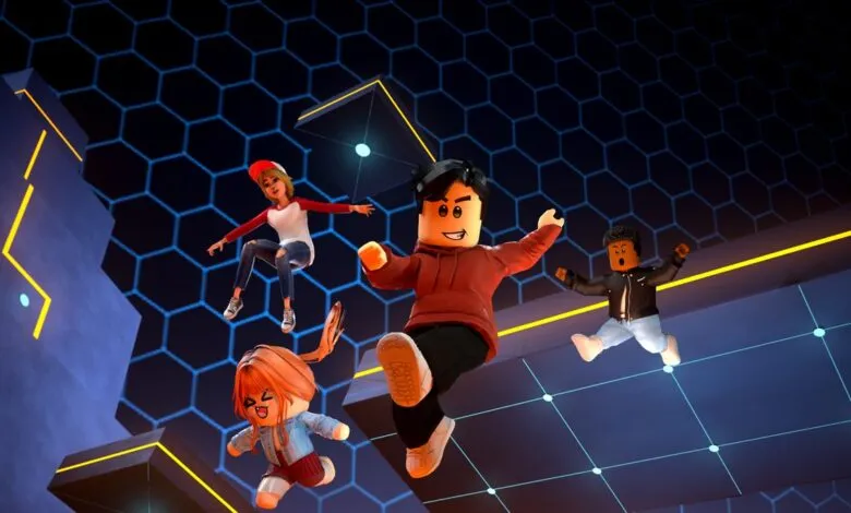 Four Roblox avatars jumping in a futuristic, hexagonal-patterned environment.