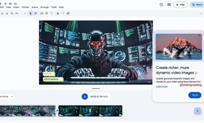A metallic robot with glowing red eyes types on a keyboard in front of multiple computer screens displaying code.