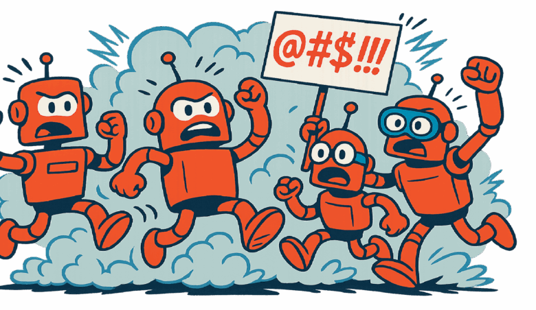 Angry red robots protesting with a sign showing censored symbols.