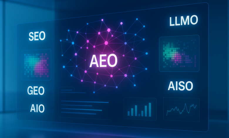 Digital interface displaying AEO, SEO, GEO, AIO, LLMO, and AISO with network graphics and charts.